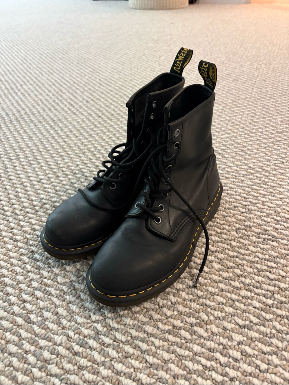 Doc Martins - Black Leather Lace-Up Combat Boots with Yellow Stitching